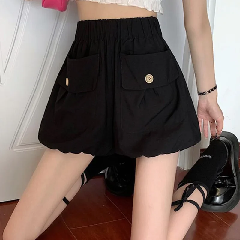 Women Clothing Korean Buttons Loose Shorts Trend Pleate Oversized Femme Casual Pocket Solid Color Elastic Waist Bloomers Z124