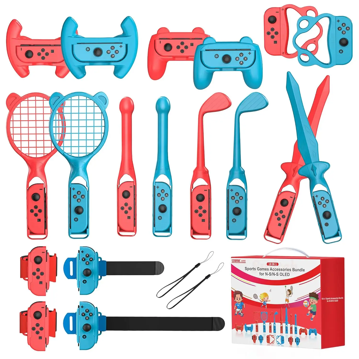 Switch Sports Accessories Bundle, 18 in 1 Sports Accessories Kit for Nintendo Switch/Switch OLED, Family Accessories Bundle Kit