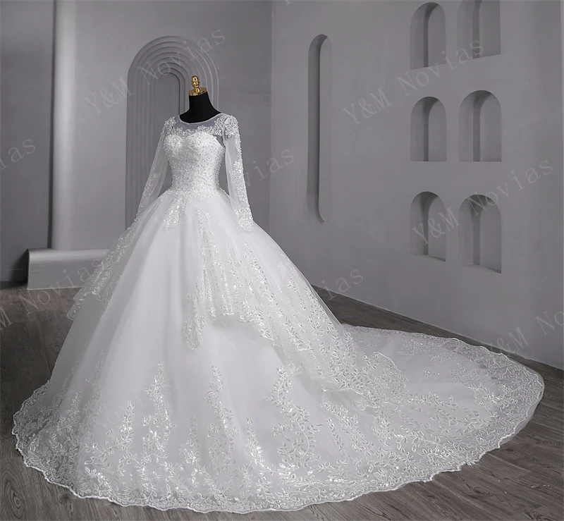 Luxury Sequined Ball Gown Full Sleeve White Wedding Dress Sweet  2 Layres Train Vintage Custom Color Plus Size For Women Bridal