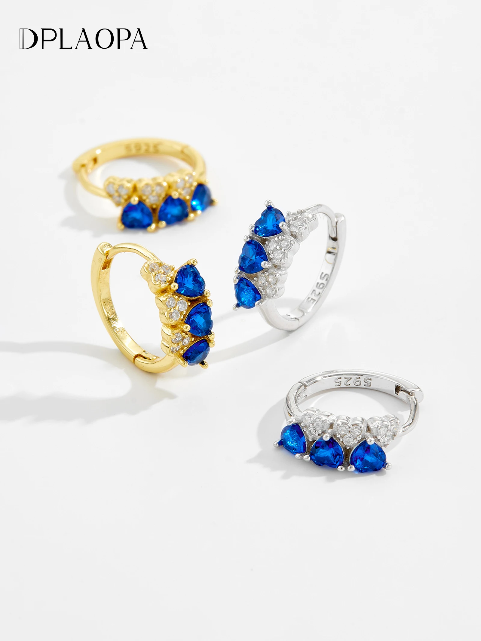 

DPLAOPA 925 Sterling Silver Gold Plated Heart Blue Sapphires Zircon Hoop Earrings Sparkling Luxury Fine Women Jewelry Accessory