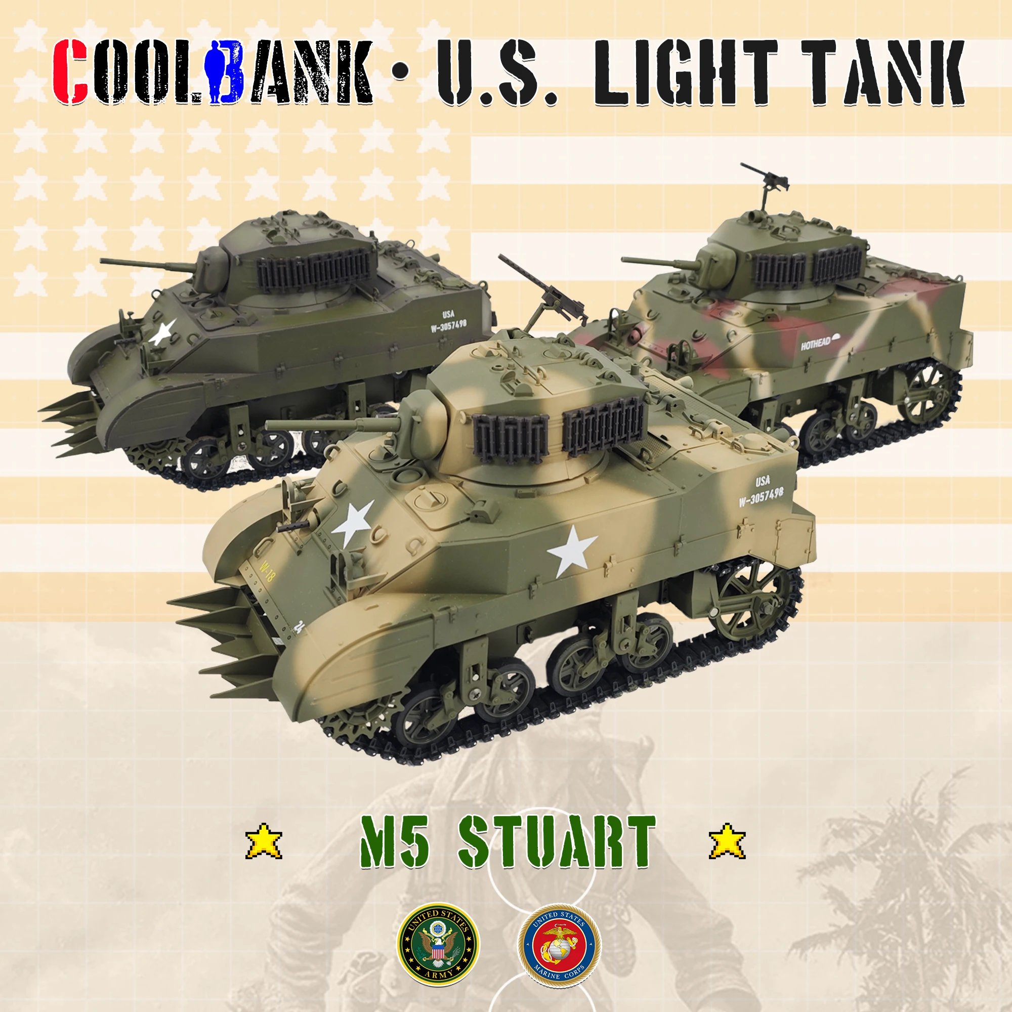 Coolbank 1/16 Skala US M5A1 Stuart RC Czołg Symulacja Bitwy Klasa Hobby Zdalnie Sterowany Czołg RC z Dymem i Światłami z II Wojny Światowej