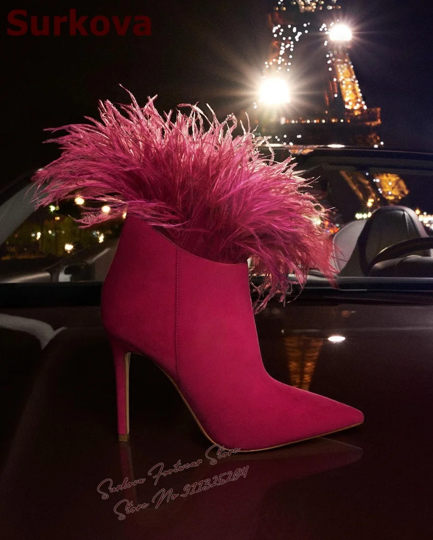

Surkova Pink Feather High Heel Ankle Boots Dark Green Satin Pointed Toe Dress Shoes Fluffy Furry Booties Plush Banquet Pumps