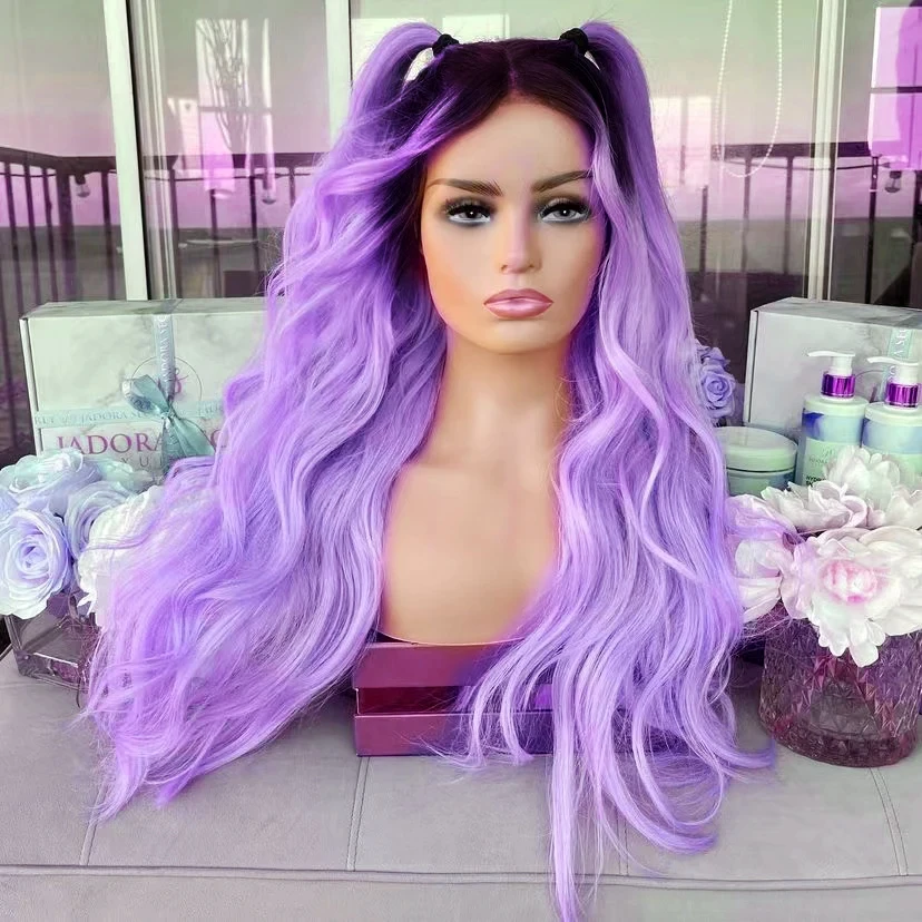 AIMEYA-Ombre Pink Lace Wig, peruca de onda natural, raízes pretas, peruca dianteira do laço sintético, cabelo resistente ao calor, peruca Cosplay uso diário, 13x4