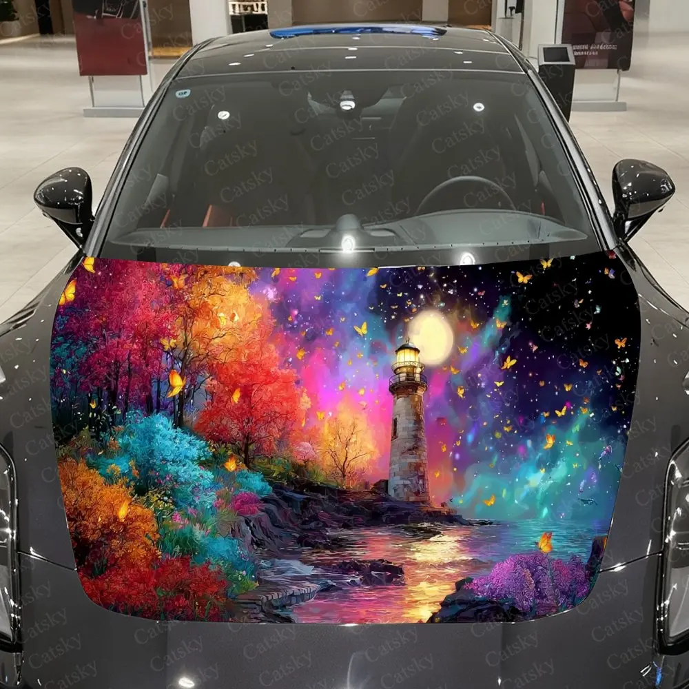 Starry Butterfly Lighthouse Car Vinyl Wrap, PVC Material Waterproof Car Hood Sticker, Self-Adhesive Scratch-Resistant Stickers f