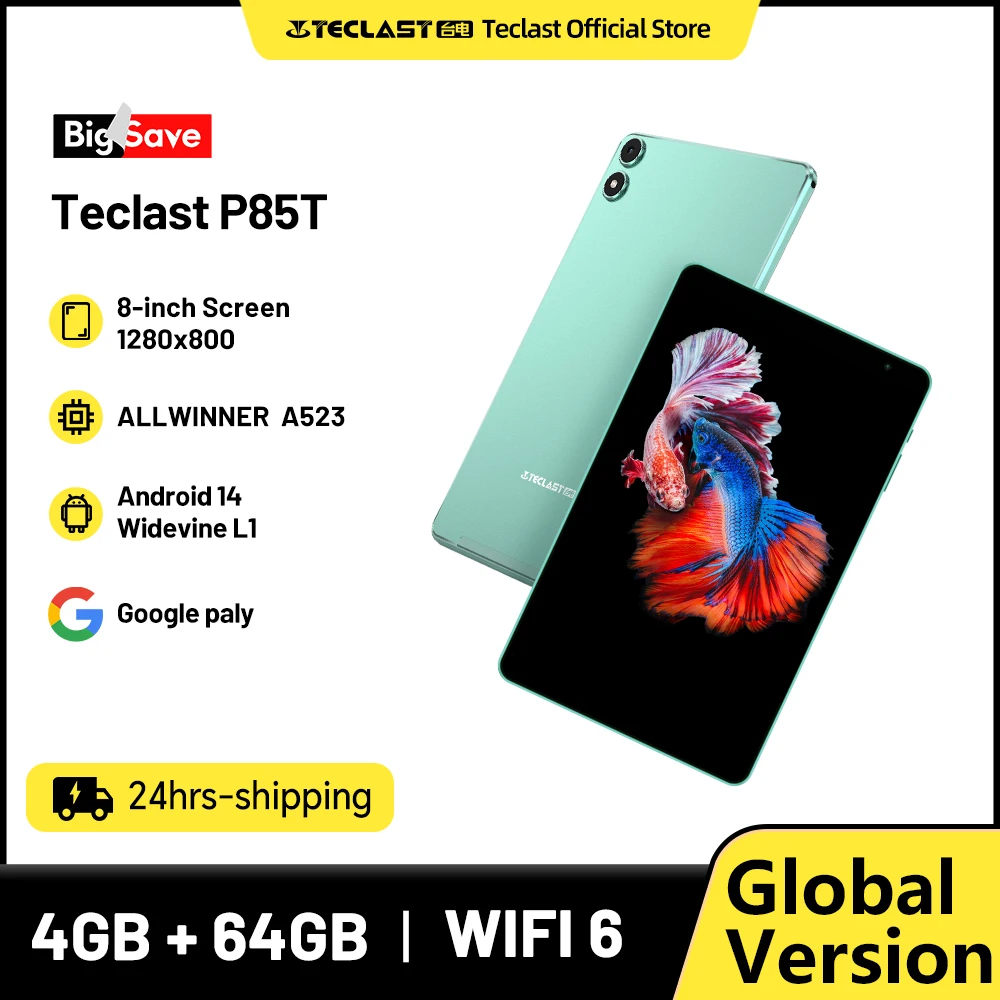 Teclast P85T Android 14 tablet 8 inch IPS 4 + 6 GB RAM 64 GB ROM A523 8-core Widevine L1 Wi-Fi 6 Type-C 5000 mAh tablet-pc metalen behuizing