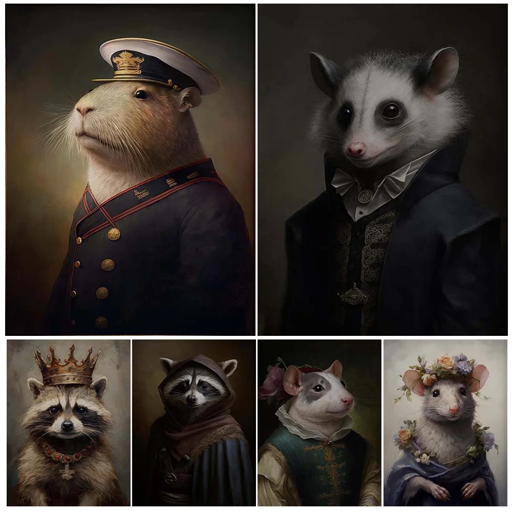 Vintage Rat King And Gothic Raccoon Vintage Wall Art Canvas Painting Victorian Rat Wearing Flower Crown Art Poster Print Decor