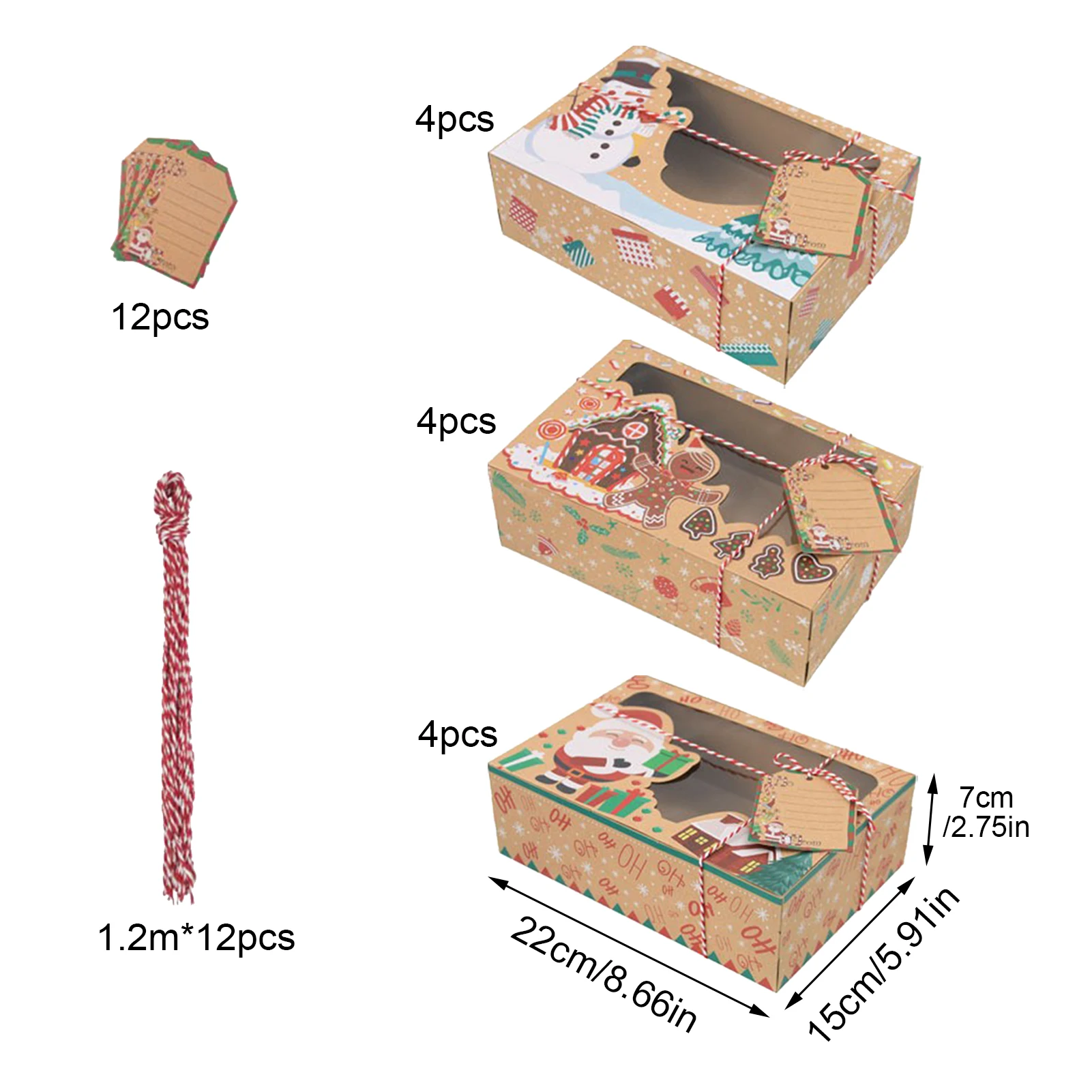 Caixa De Biscoito De Papel Kraft, Caixa De Gingerbread, Janela De PVC, Caixas De Presente De Doces, Natal, Novo, 12 Pcs