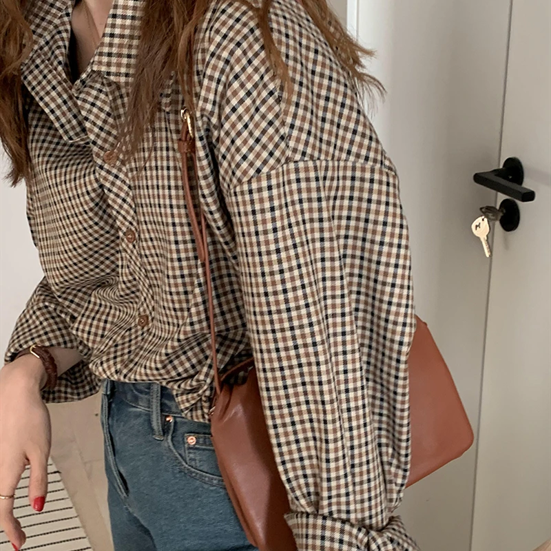 Women's Plaid irt Long Sve  Ne Patterned Spring Autumn Korean Sle Loose Versatile Layering Inner Wear Top