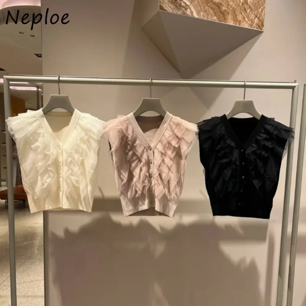 Neploe Sweet V Neck Sleeveless Patchwork Jumper Knit Voile Single Breasted All-match Cardigan Japanese Fresh Ruffles Sweaters