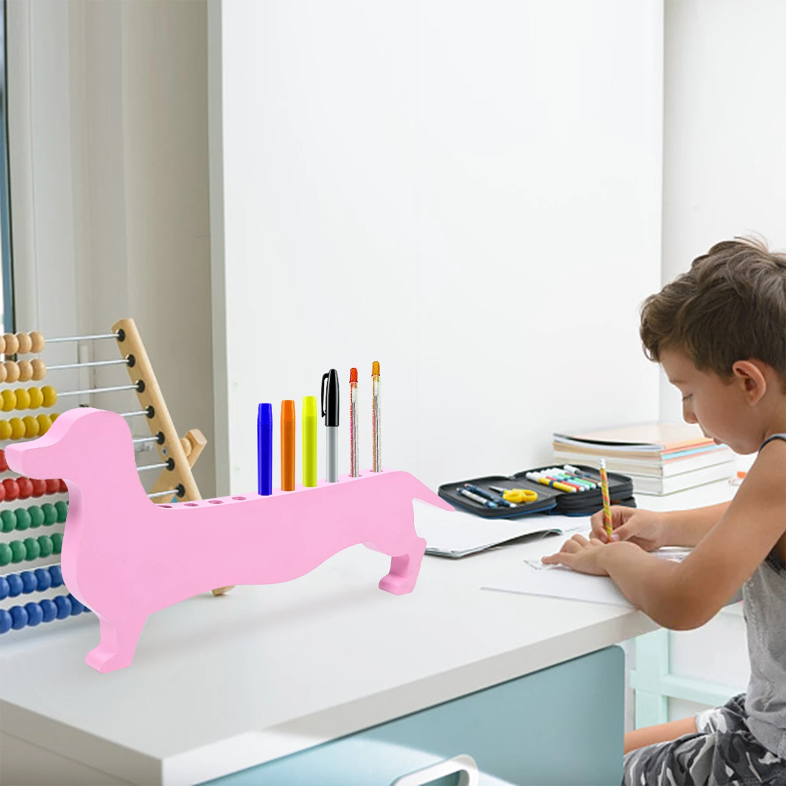 

Dachshund Crayon Holder Pink Wooden Storage Rack 12 Holes Kids Pencil ganizer Paint Brush Holder Desk Tidy Student Teacher