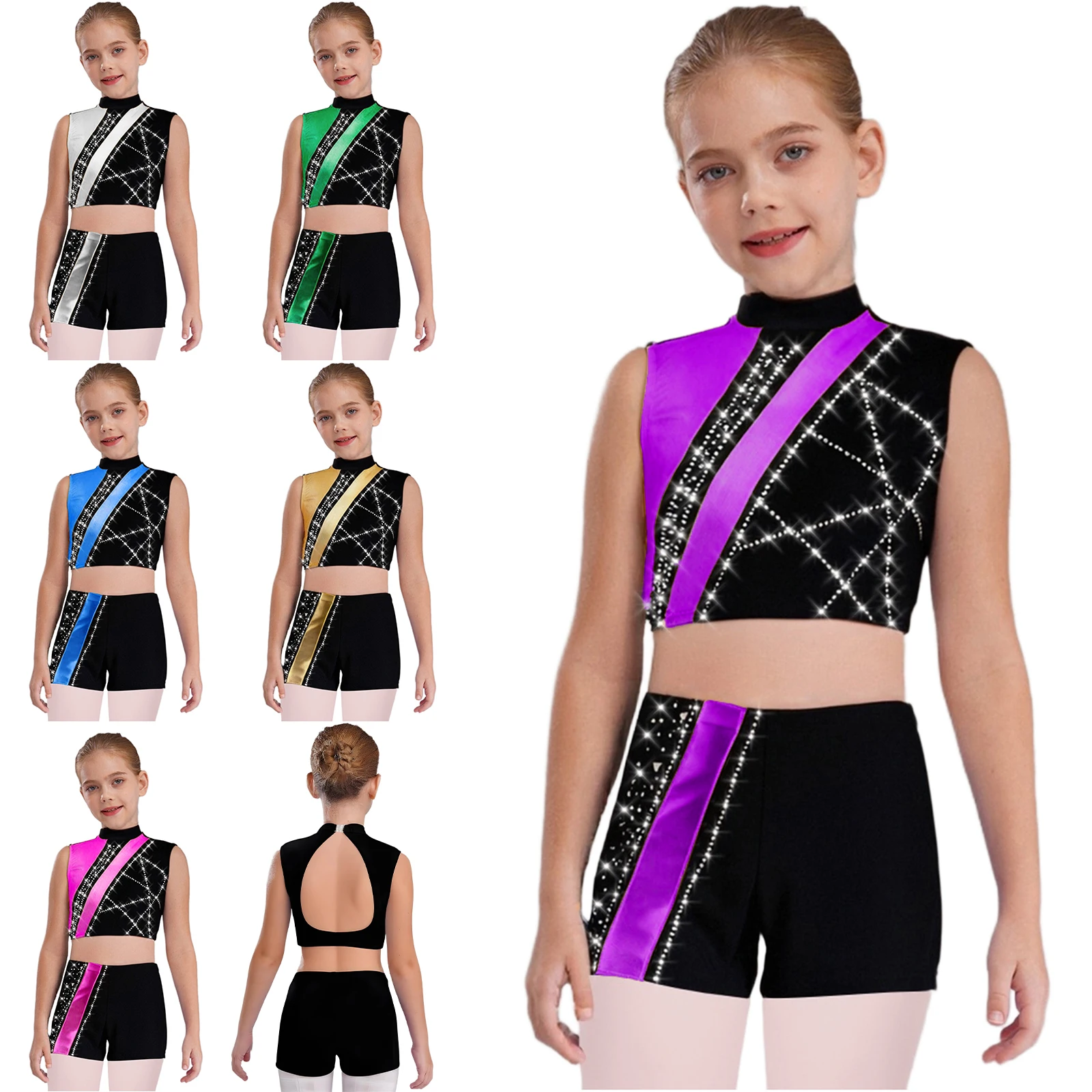 أطفال بنات الجمباز ملابس رقص لامعة الراين لامع المحاصيل الأعلى مع السراويل الباليه اليوغا تجريب أداء Dancewear