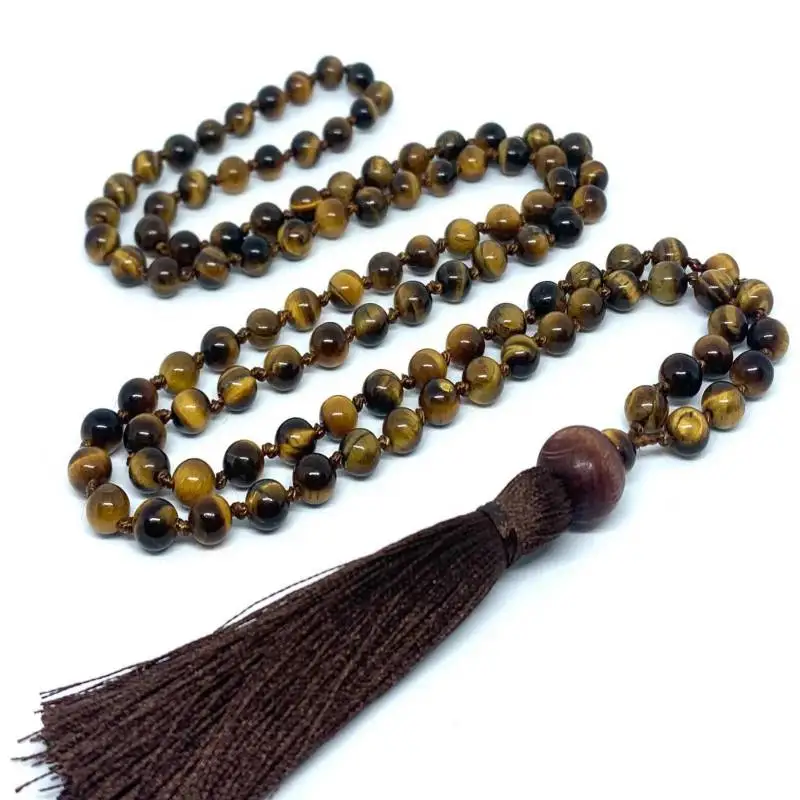 

Natural Tiger Eye 108 Mala Beads Necklace with Brown Tassel Protection & Prosperity Healing Crystal Jewelry