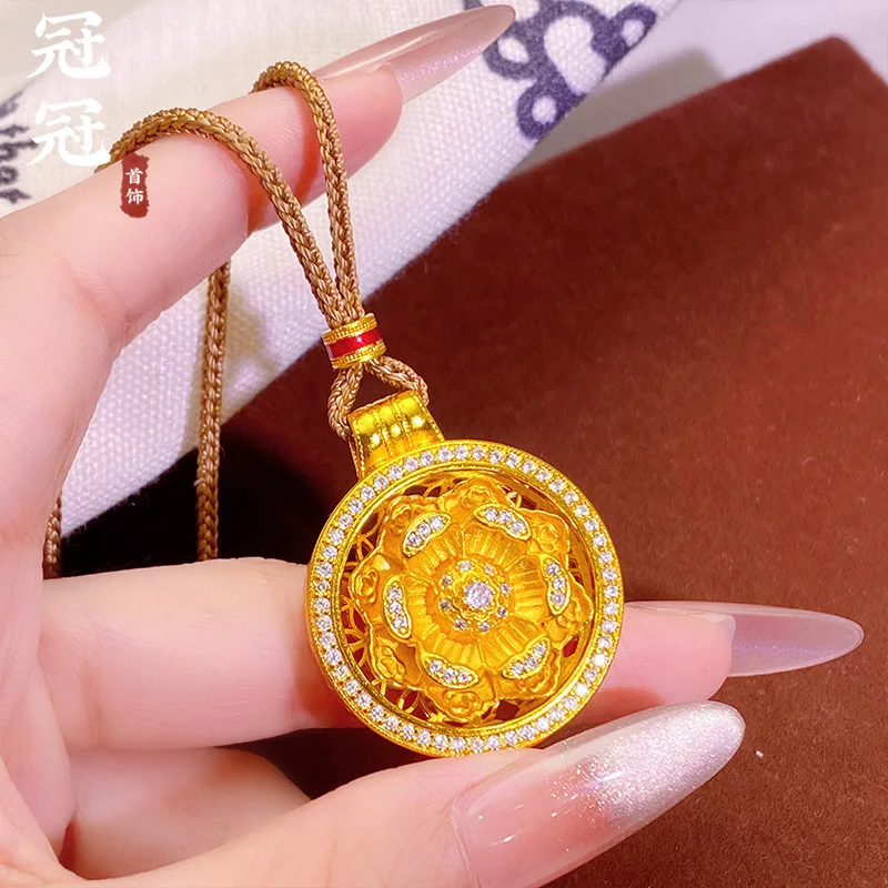 2026 Brass Gold Plated Rotatable Lotus Eight Treasures Compass Pendant Necklace For Women Cz Inlaid Adjustable Fine Sweater Chai