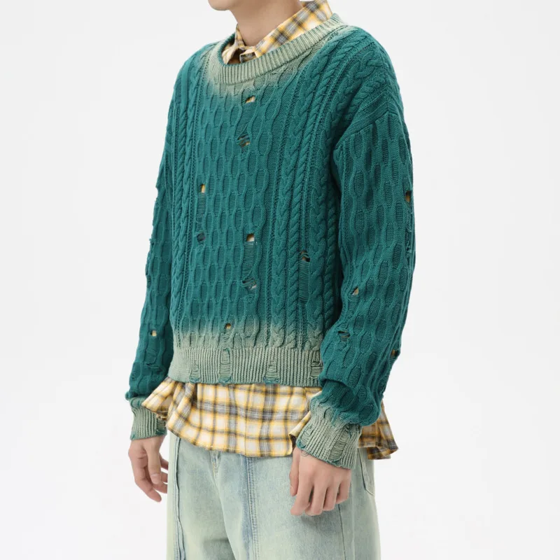 Syuhgfa neue koreanische Art Herren bekleidung Pullover 2024 Herbst runden Kragen Aushöhlung Loch Design Strick oberteil Vintage Herren oberteil