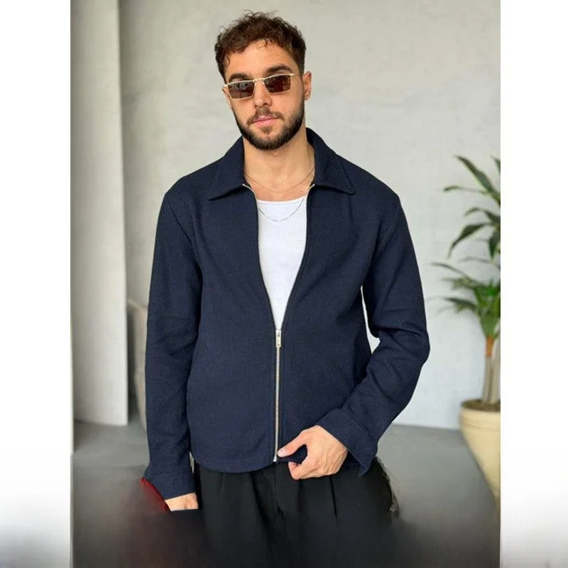 

Lightweight Bubble Cloth Casual Commute Men's Jacket Breathable Loose Fit Long Sleeve Zipper Closure Fashionable Texture Coat