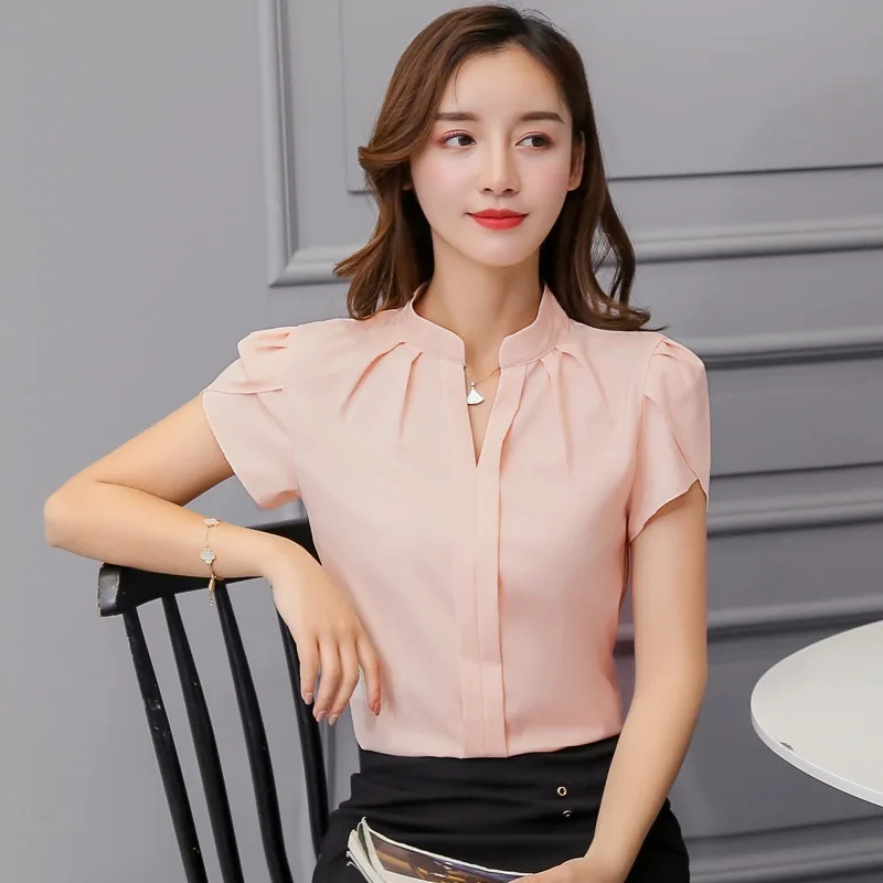 Summer Women\'s Slim-fit Shirt Korean Fashion Lotus-leaf Sleeve Casual Shirt V-neck Solid Color Formal Workplace Top for lady