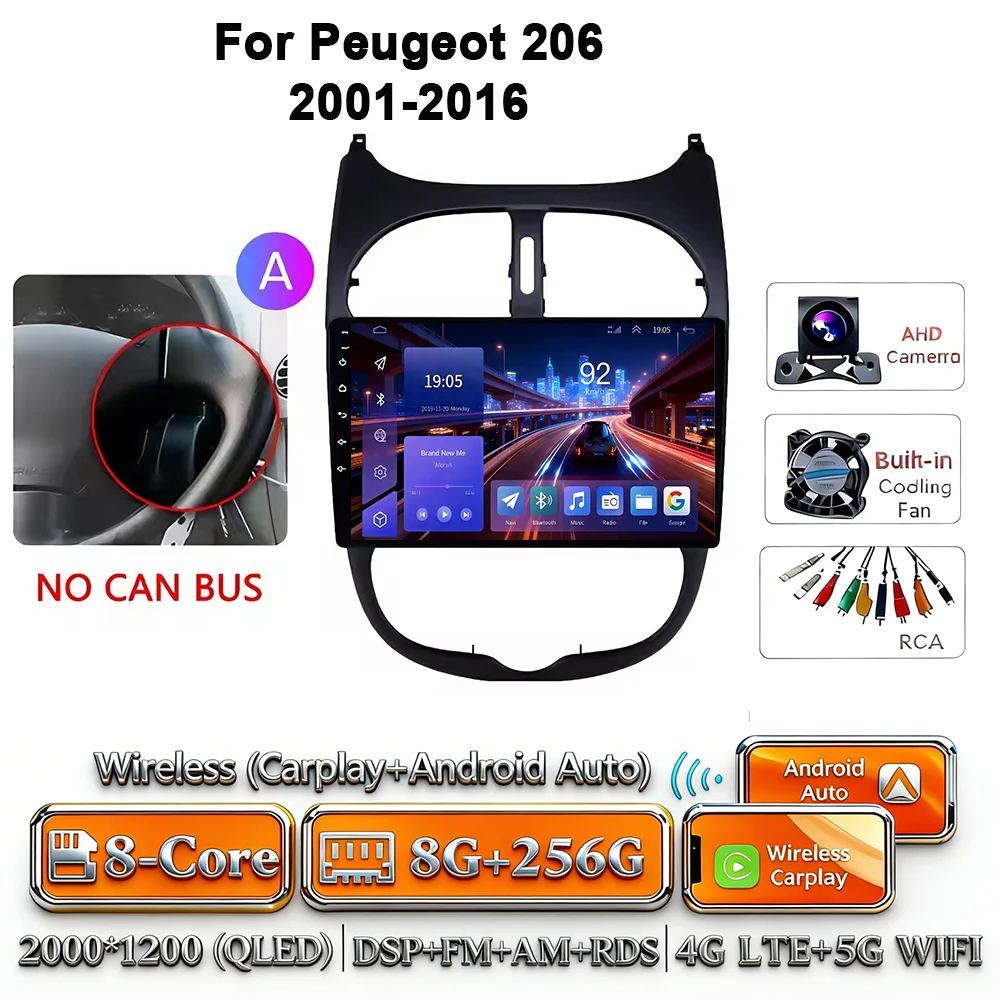 Android 17 Carplay Android Auto 4G WIFI autoradio voor Peugeot 206 2001-2016 GPS DSP BT touchscreen multimediasysteem navigatie stereo