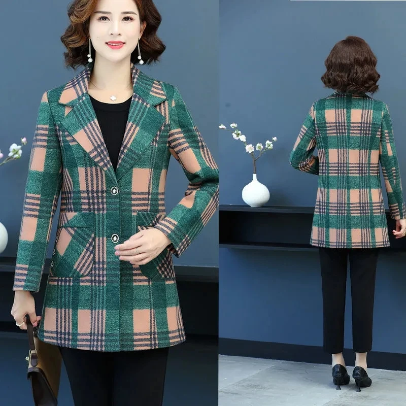 Fashion Women\'s Woolen Coat Tops 2022 New Spring Autumn Suit Collar Plaid Jacket Middle-Aged Elderly Woman woolen coat Outerwear