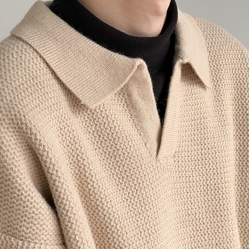 Herbst Winter Koreanischen Stil männer Revers Polo Shirts Pullover Pullover Vintage Lose Innere Layered V-ausschnitt Strickwaren Pullover Jumper – Detail 11