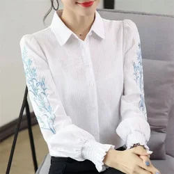 Pure Cotton Embroidered Blouses Female Shirt Lantern Sleeve Top Fold Floral Border Spring Casual Women Clothes Button Up Bloue