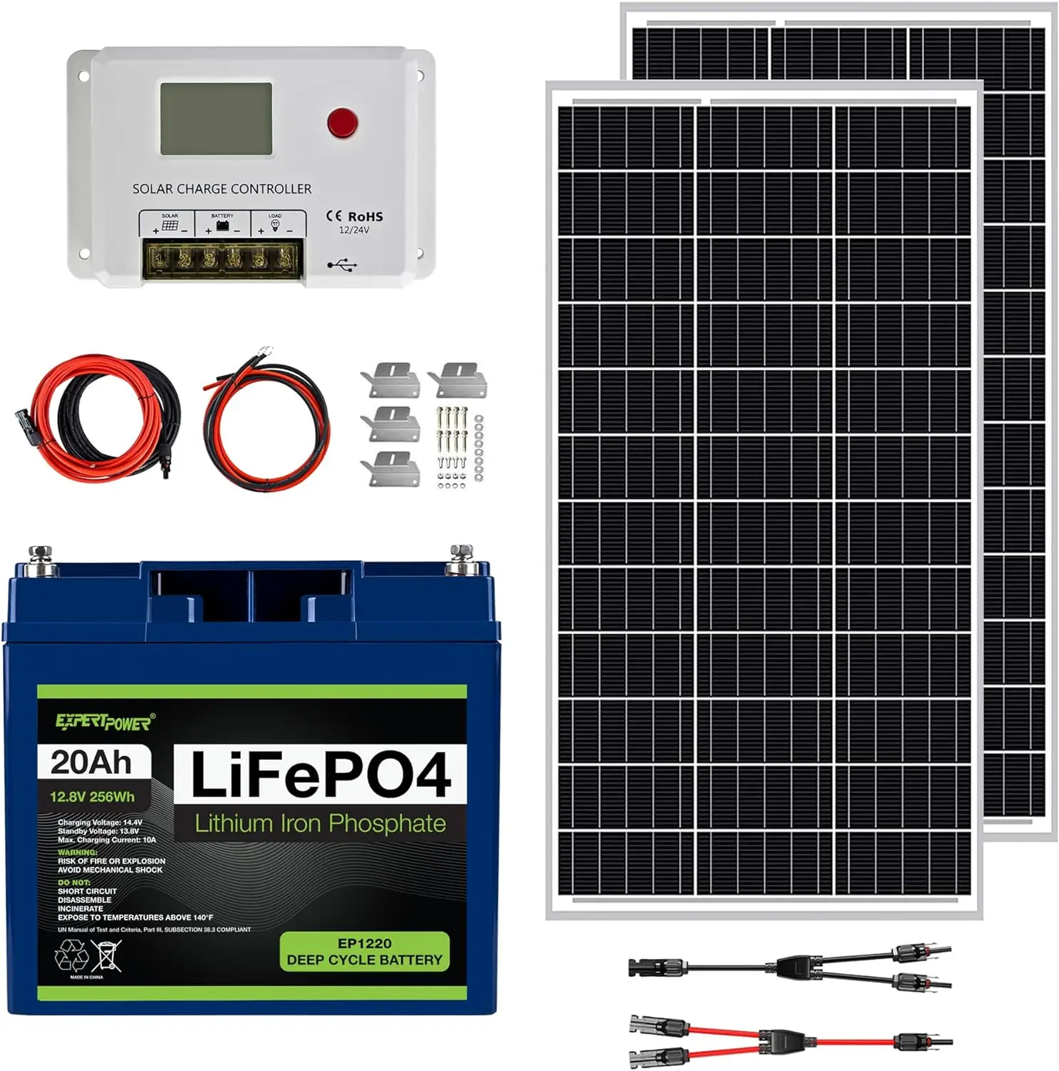 Solar Power Kit 12V 20Ah LiFePO4 Lithium Battery 200W Mono Rigid Solar Panels 20A PWM Solar Charge Controller