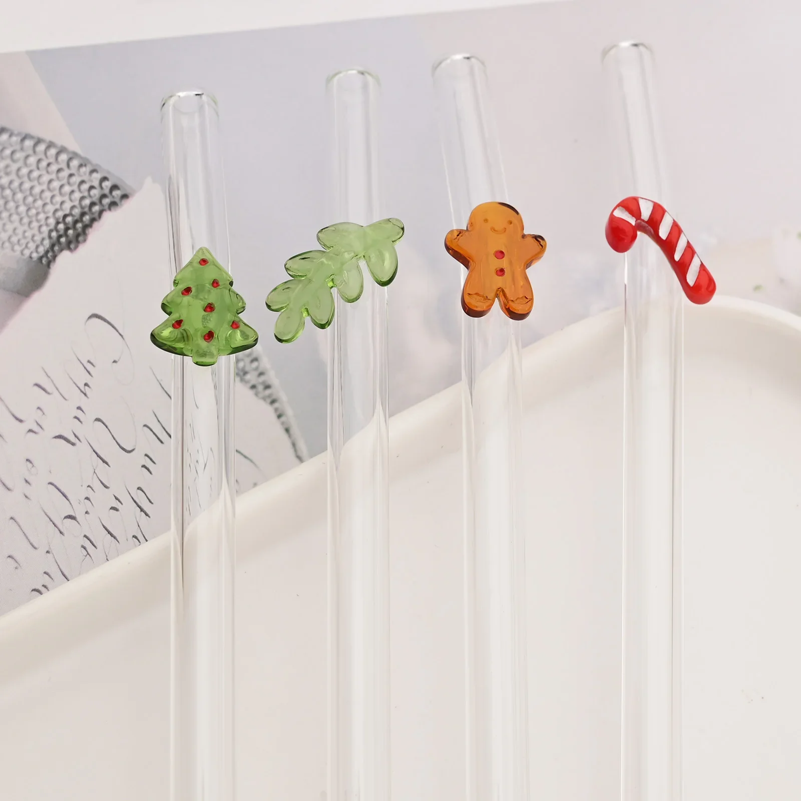 Christmas 4pcs Milk Shake Fruit Juice Tea Cocktail Straw Glass Drinking Straws Set Reusable Straw with Brush Bar Accessories