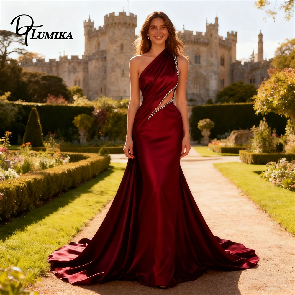 

DTLumika Sexy Cut Out Satin Prom Dresses One Shoulder Crystals Long Customized Evening Dresses