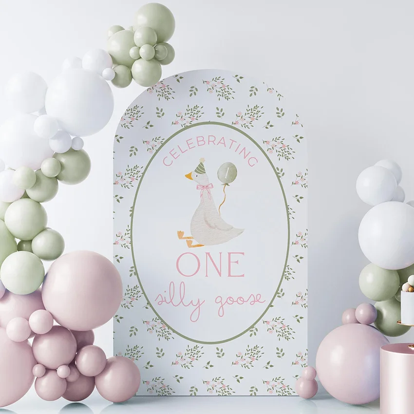 Mehofond Custom 2-Sided One Silly Goose Floral Kids First Birthday Party Baby Shower Covers Chiara Arch Background Decor Backdro