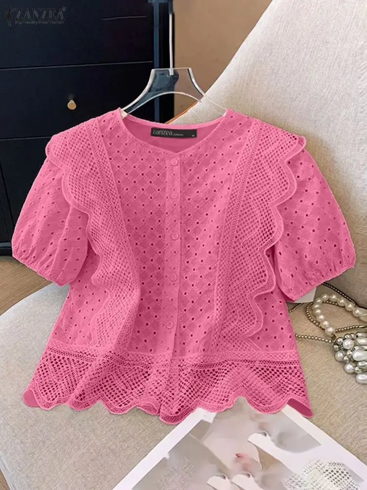 ZANZEA femmes chemisier brodé 2025 été chemise creuse élégant col rond manches courtes hauts élégant vacances Blusas tunique Femme