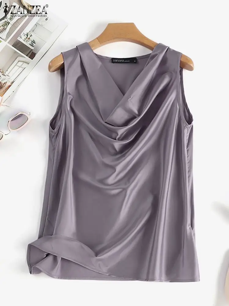 ZANZEA Elegant Office Lady Camisole Solid Color Cowl Neck Korean Style Women Tanks Sexy Satin Silk Sleeveless Fashion Tank Tops