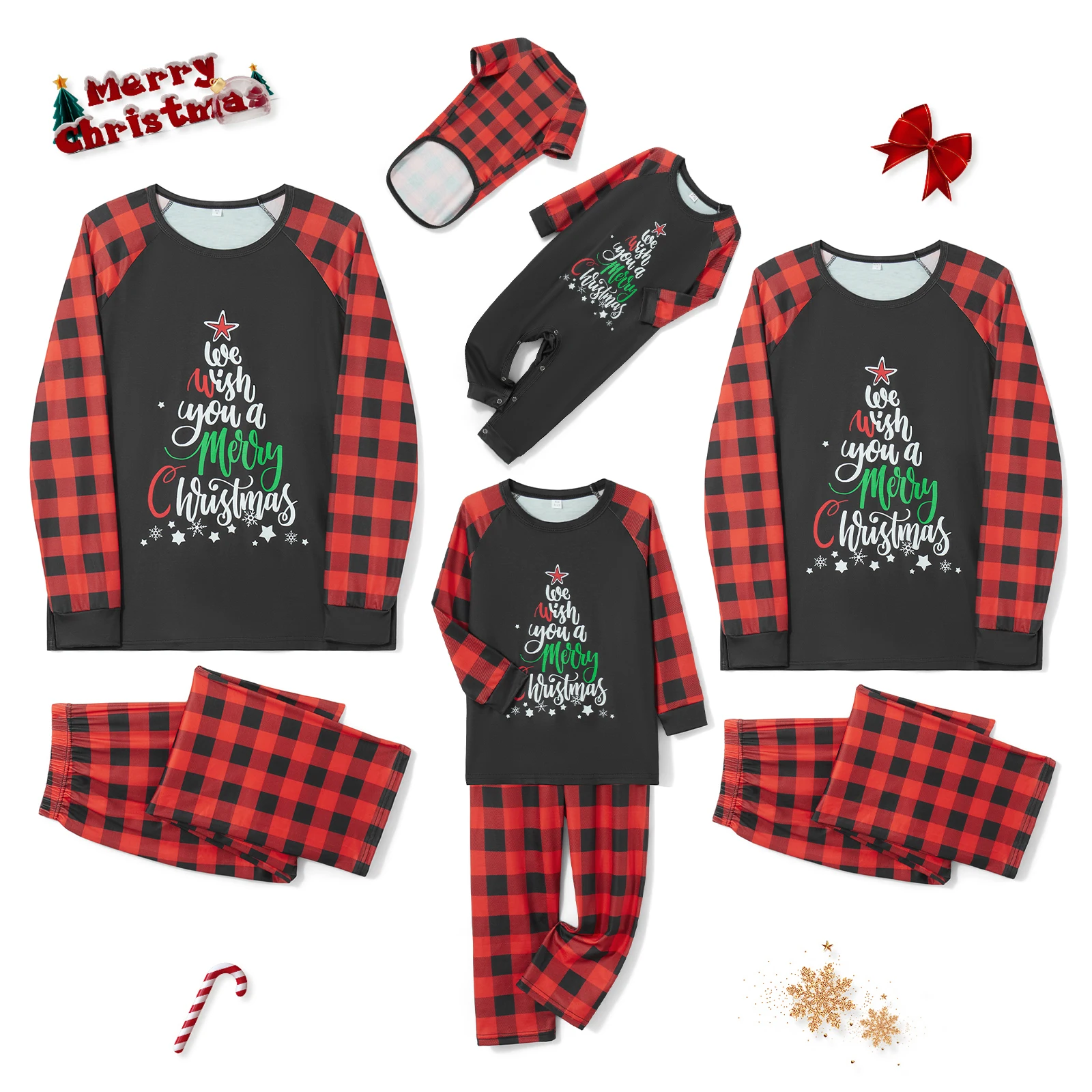 

Christmas Family Pajamas Matching Set Letter Print Long Sleeve Tops + Elastic Waist Plaid Pants Sleep Loungewear Pjs Suit
