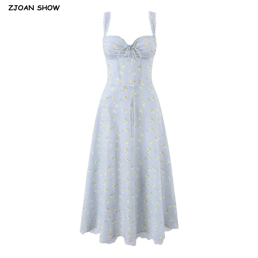 Romantic Blue Floral Print Bow Ruched Bra Chest Boning Sling Dress Women Low Waist Fold Swing Lace Lining Midi Long Dresses Robe