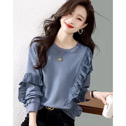 Elegant Solid Color O-Neck Spliced Ruffles Blouse Women's Clothing 2022 Autumn New Loose Casual Pullovers All-match Commute Shir