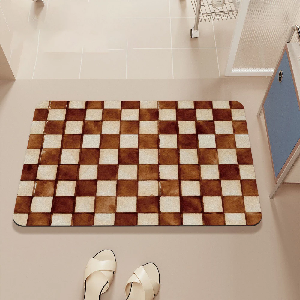 Coffee Brown Watercolor Check Print Bath Mat Quick Dry Bathroom Rug Retro Neutral Plaid Graphic For Balcony Door Floor Pad