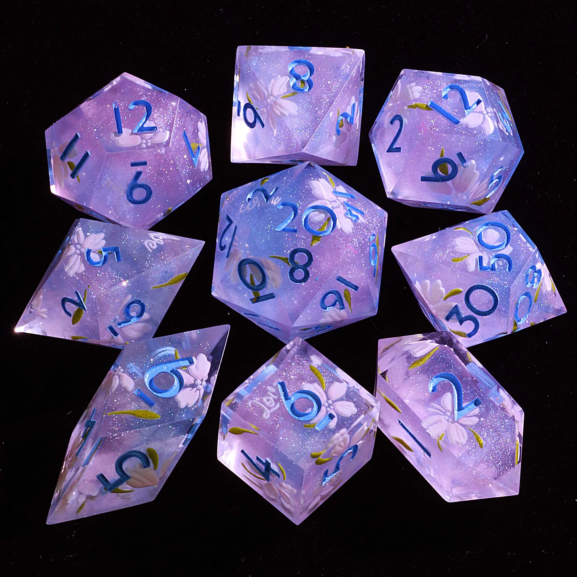 9 Polyhedral D and D set of Dice Spring Whisper Blossom