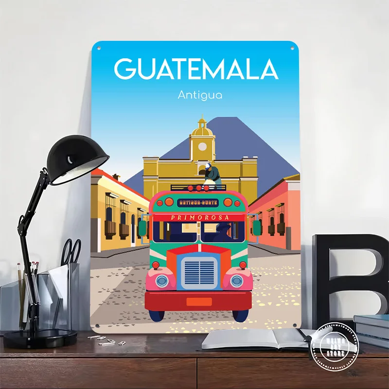 Guatemala Antigua Bus 3D Printed Texture Poster Personalized Wall Art Retro Metal Tin Signs for Decoration Room Decor Luxury