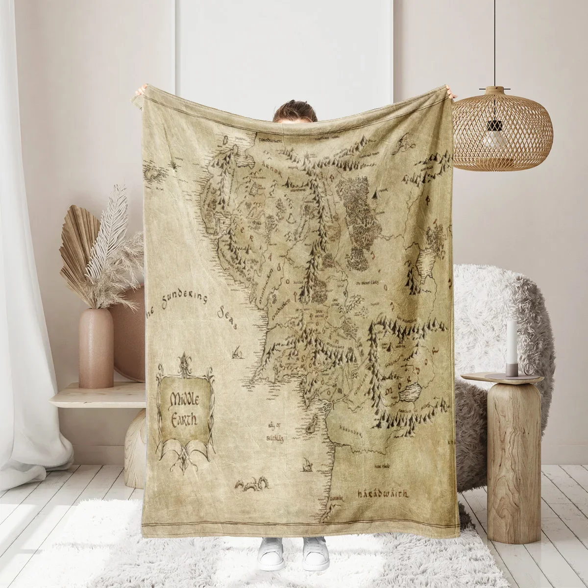 1PC MIDDLE EARTH map printing, skin -friendly, warm, soft, four seasons, family offices, family offices thicken flavor blankets