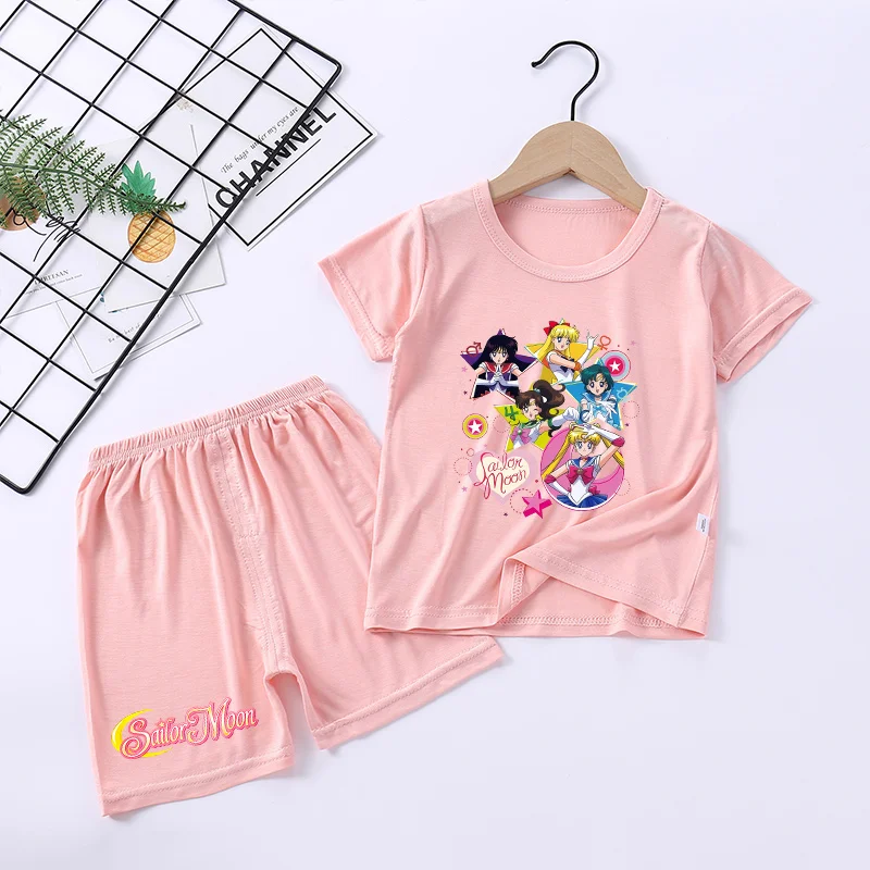 Sailor Moon Pajamas Set Cartoon Girls Summer T-shirt Pants Suit 2pcs Clothes Pink Anime Printed Nighty Comfortable Loungewear