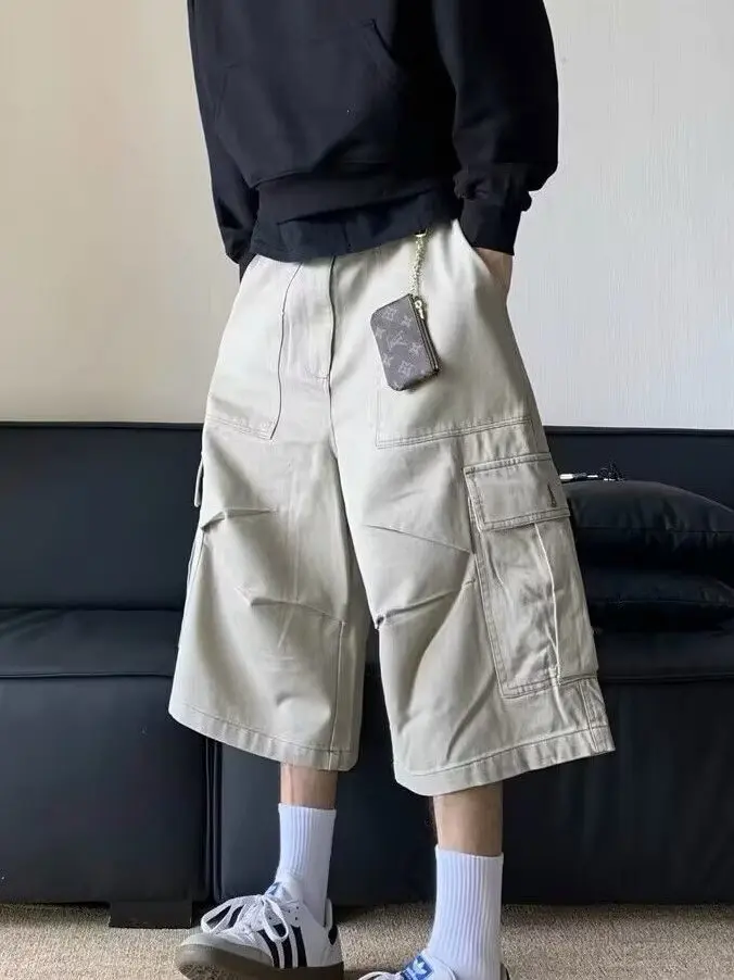 Calças de Trabalho Americanas Retrô de Perna Larga, Shorts Casuais para Homens e Mulheres com Bolsos Grandes, Calças de Verão...