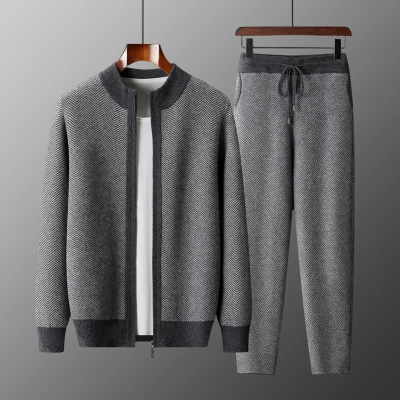 

Men 100% Merino Wool Sweater Zipper Cardigan Knitted Pants Set Autumn Winter Thick Herringbone Cashmere Kniwear Pencil Trousers