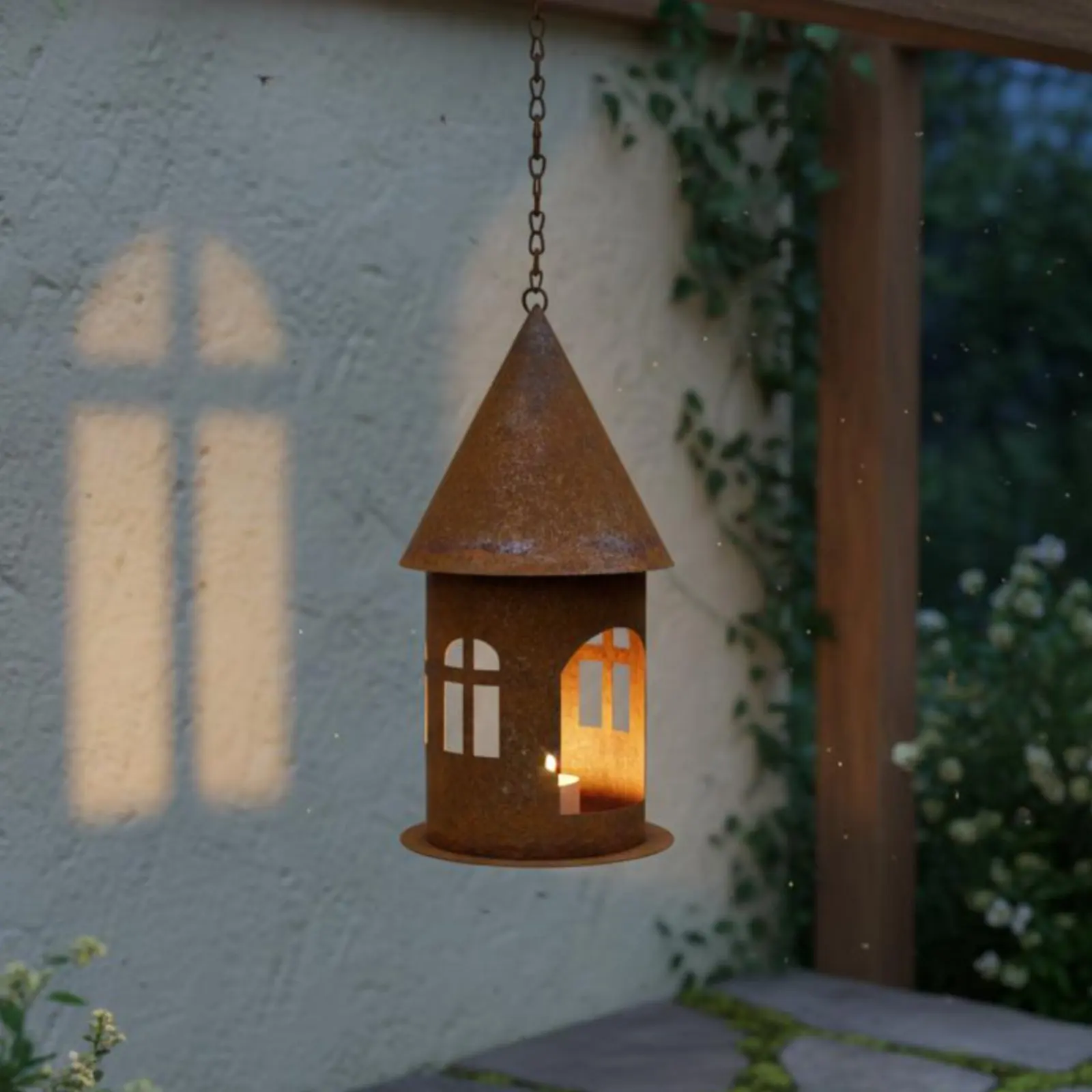 Weathered Metal House Lantern Hanging Castle Candle Holder for Patio, Balcony view 3