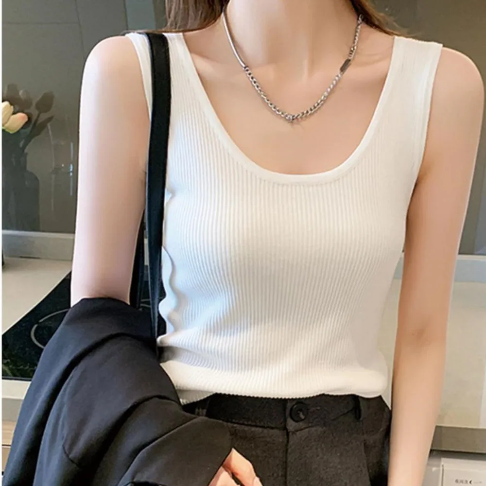 Women Knitted Sleeveless Top Solid Color Sling Low Chest Tank Top Casual Crop T-Shirts Hot Pullover Vest Fashion Clothing