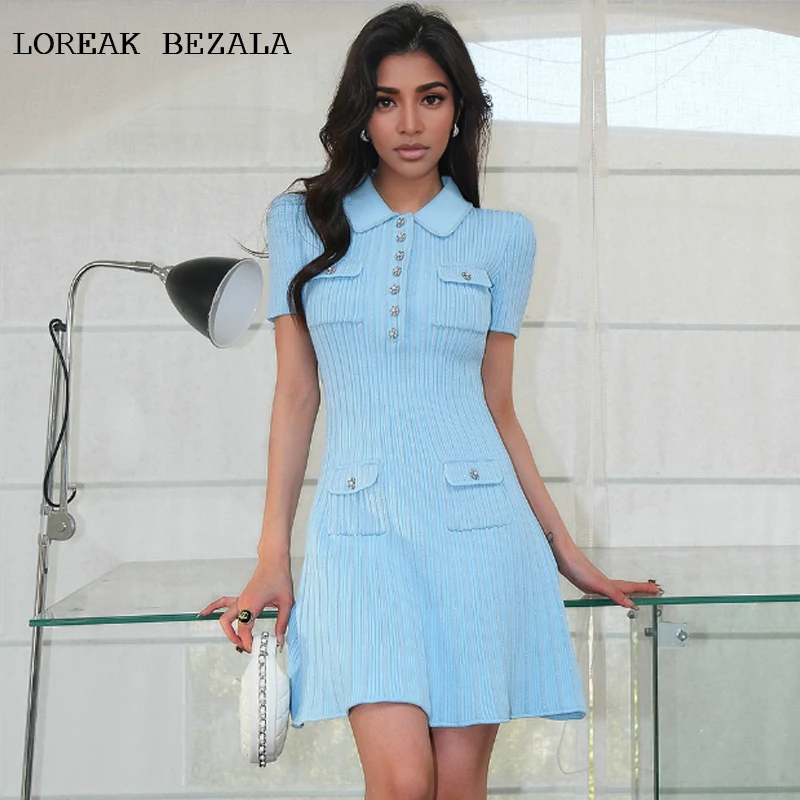 

Knitted Dress Elastic Blue 2025 spring/summer Diamond buckle slim fit elegant with hip wrap dress short sleeved dress
