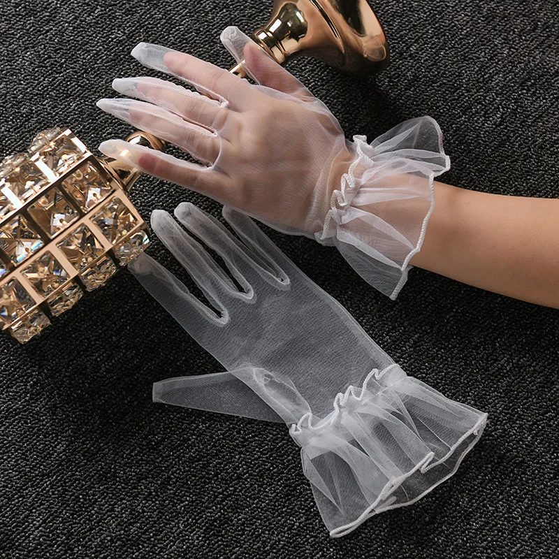 Women Lace Mesh Gloves Summer Sunscreen Full Finger Gloves Short Tulle Etiquette Party Gloves Stretchy Lotus Leaf Sheers Mittens