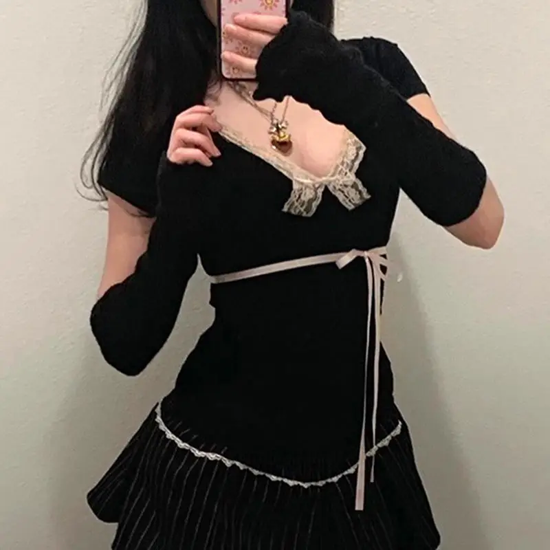 Y2k doux dentelle Patchwork pansement nœud T-shirt femmes été coupe ajustée taille épicée filles haut court japonais Lolita Chic t-shirts