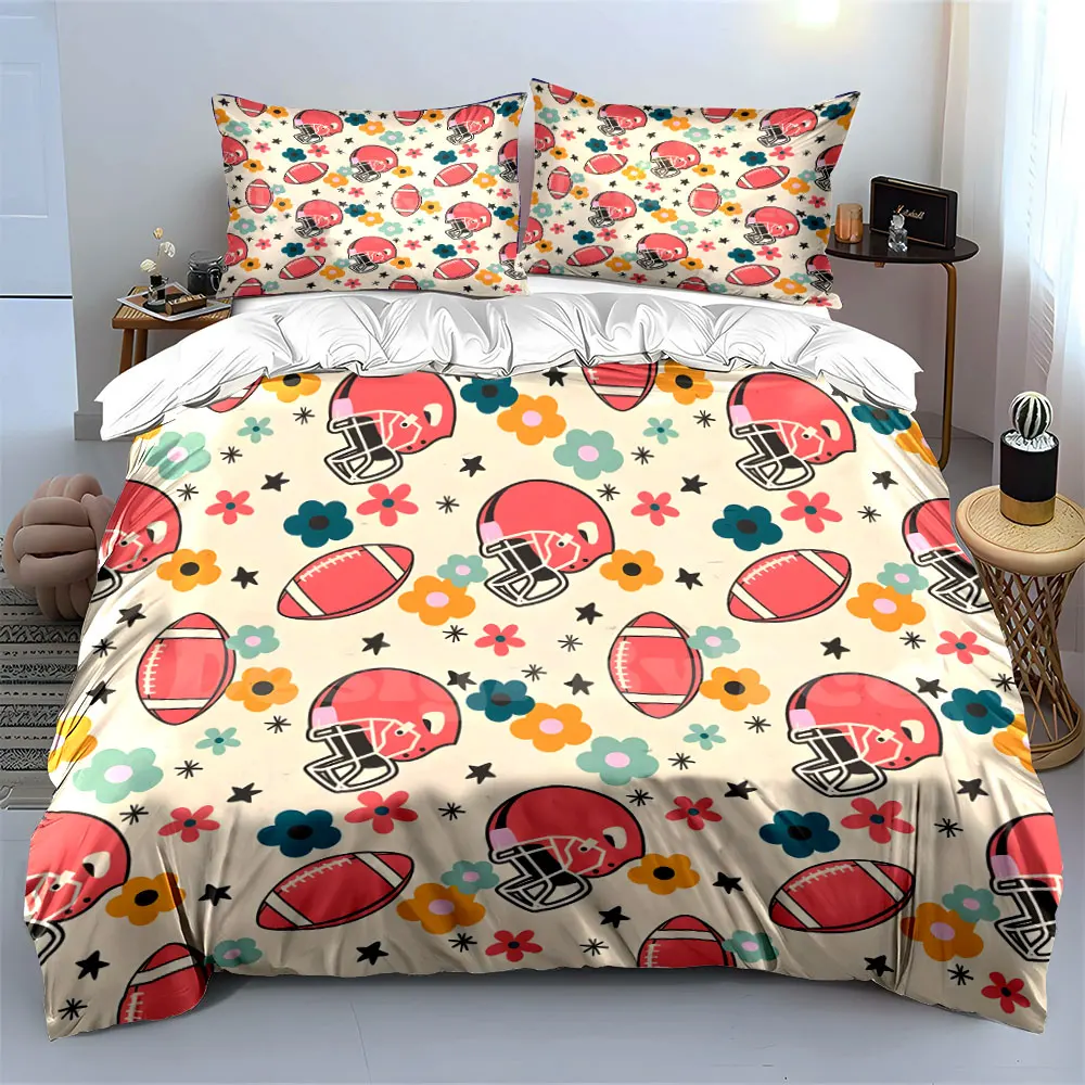 Football helmets and floral patterns Bedding Set 1 Duvet Cover 2 Pillowcases for Adult and Children Luxury Gift Full Size