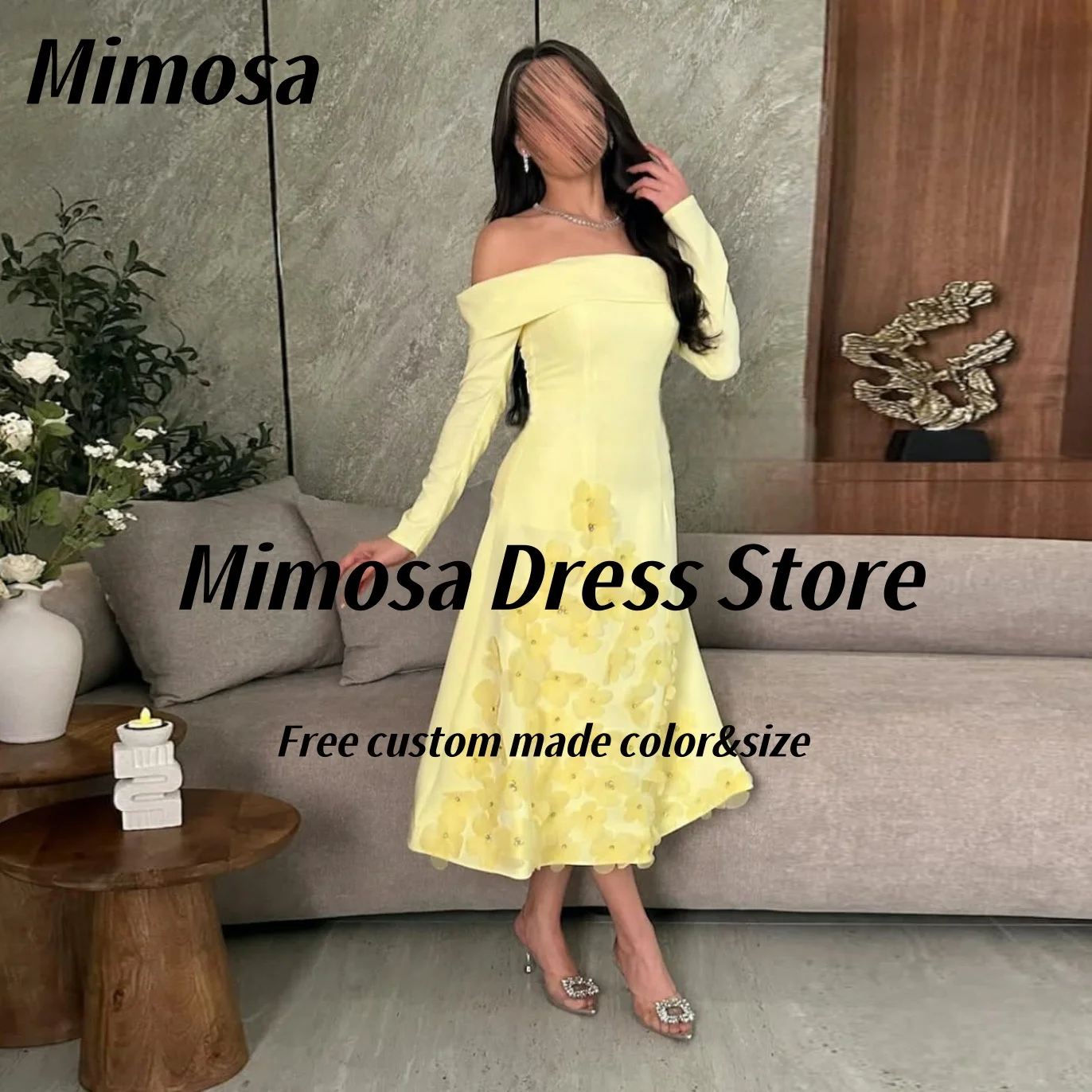 

Mimosa Yellow Prom Dresses Boat Neck Long Sleeves Homecoming Dress 3D-Flowers Vestidos Party Graduation Gowns Customized