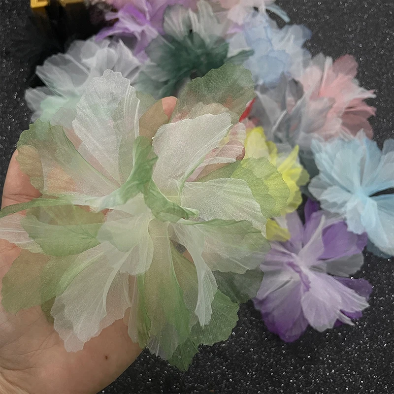 

10Pcs Handmade 3D Flowers Patches Colorful Organza Flower Tulle Lace Appliques Party Wedding Dress Sewing Accessories 14cm Wide