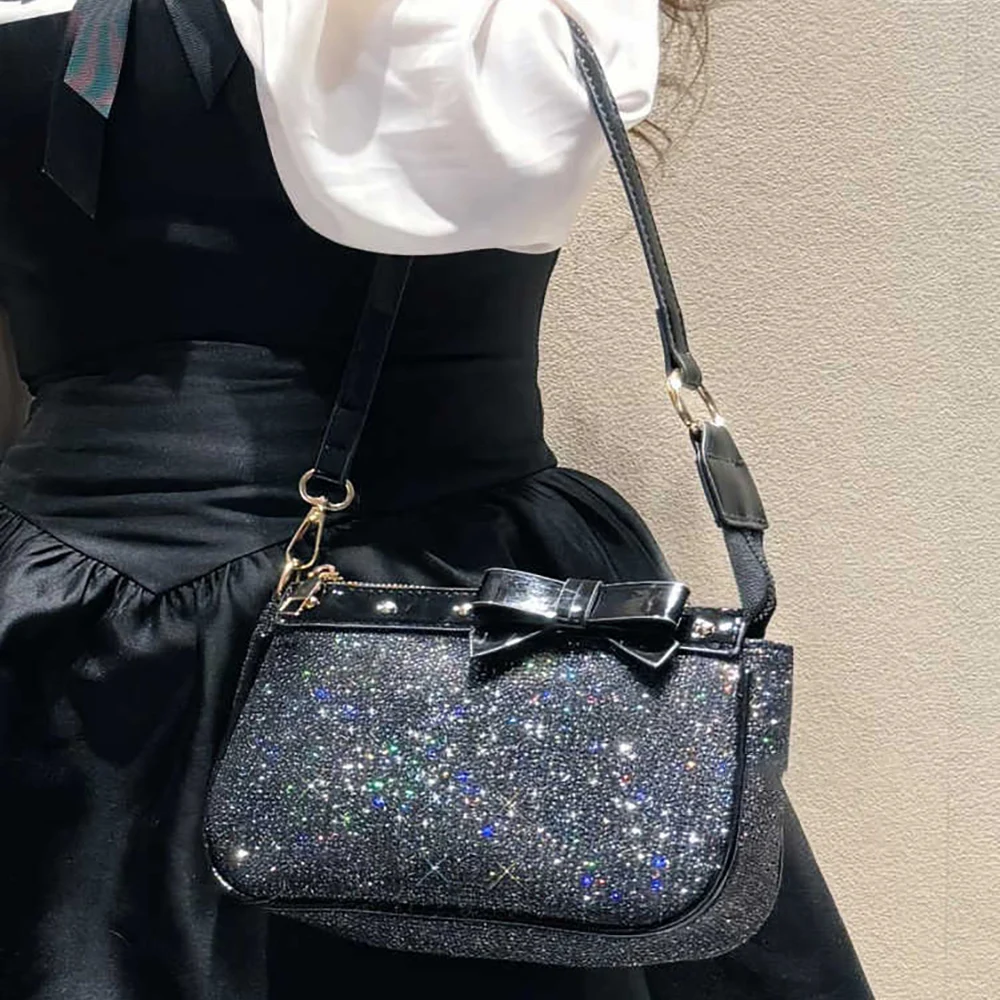 

Trendy Shiny Sequin Underarm Bags for Women Summer Glitter Bow Design Shoulder Bags Elegant Lady Commuting Chains Crossbody Bag