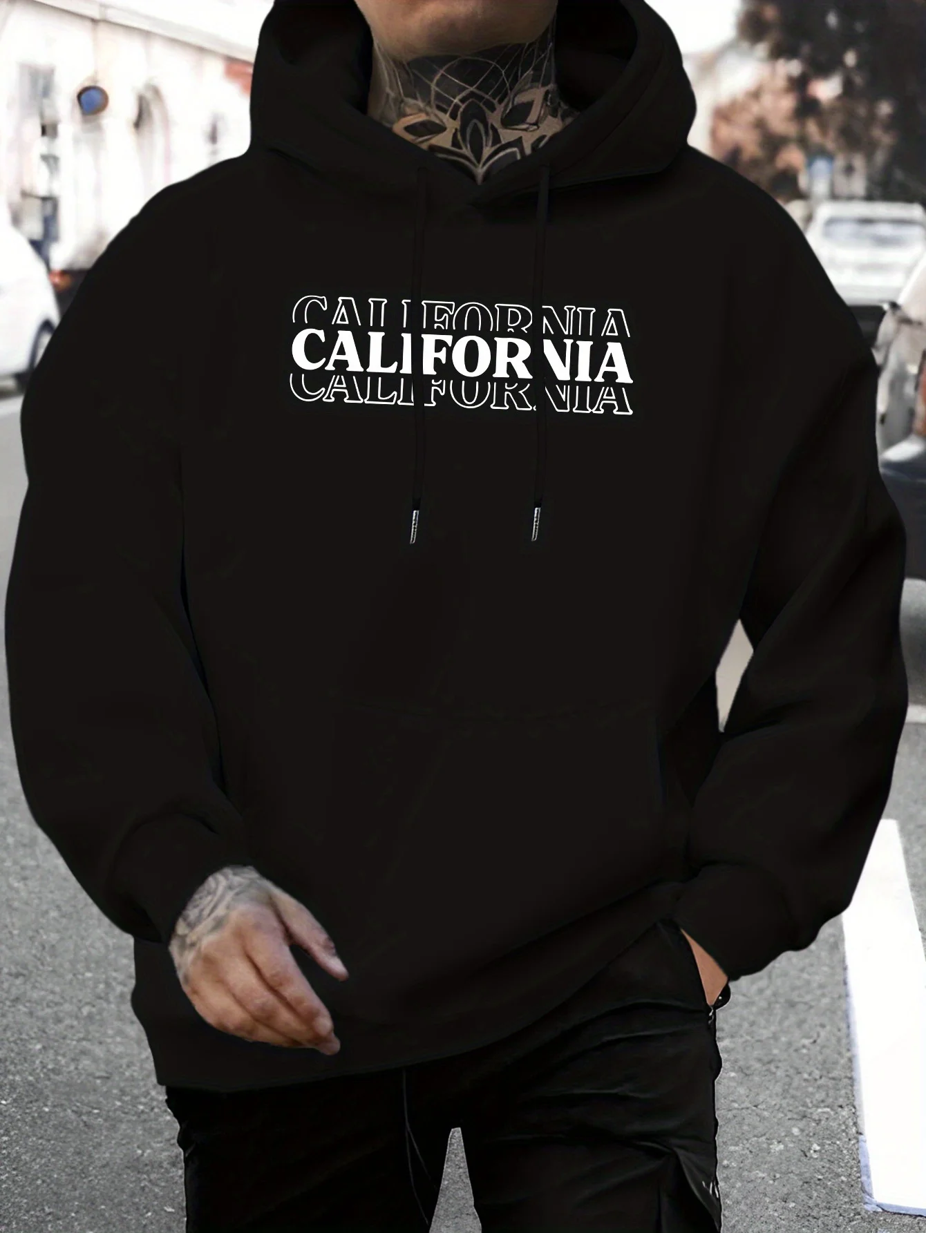 

Men's California Letter Print Hoodie - Geometric Pattern Pullover, Regular Fit Casual Sweatshirt with Adjustable Drawstring Hood